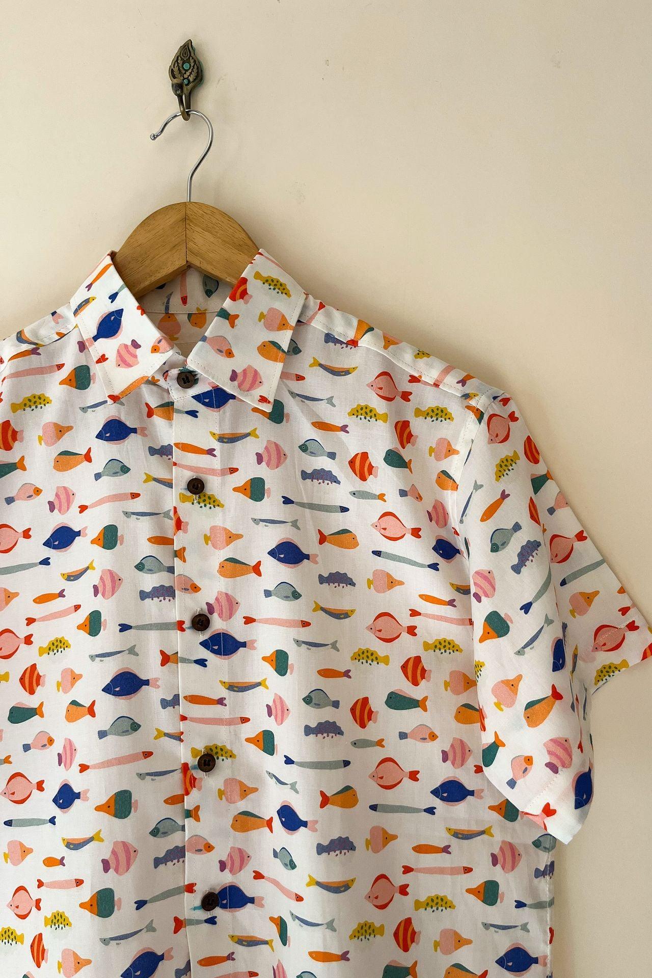 Fish print cotton poplin shirt