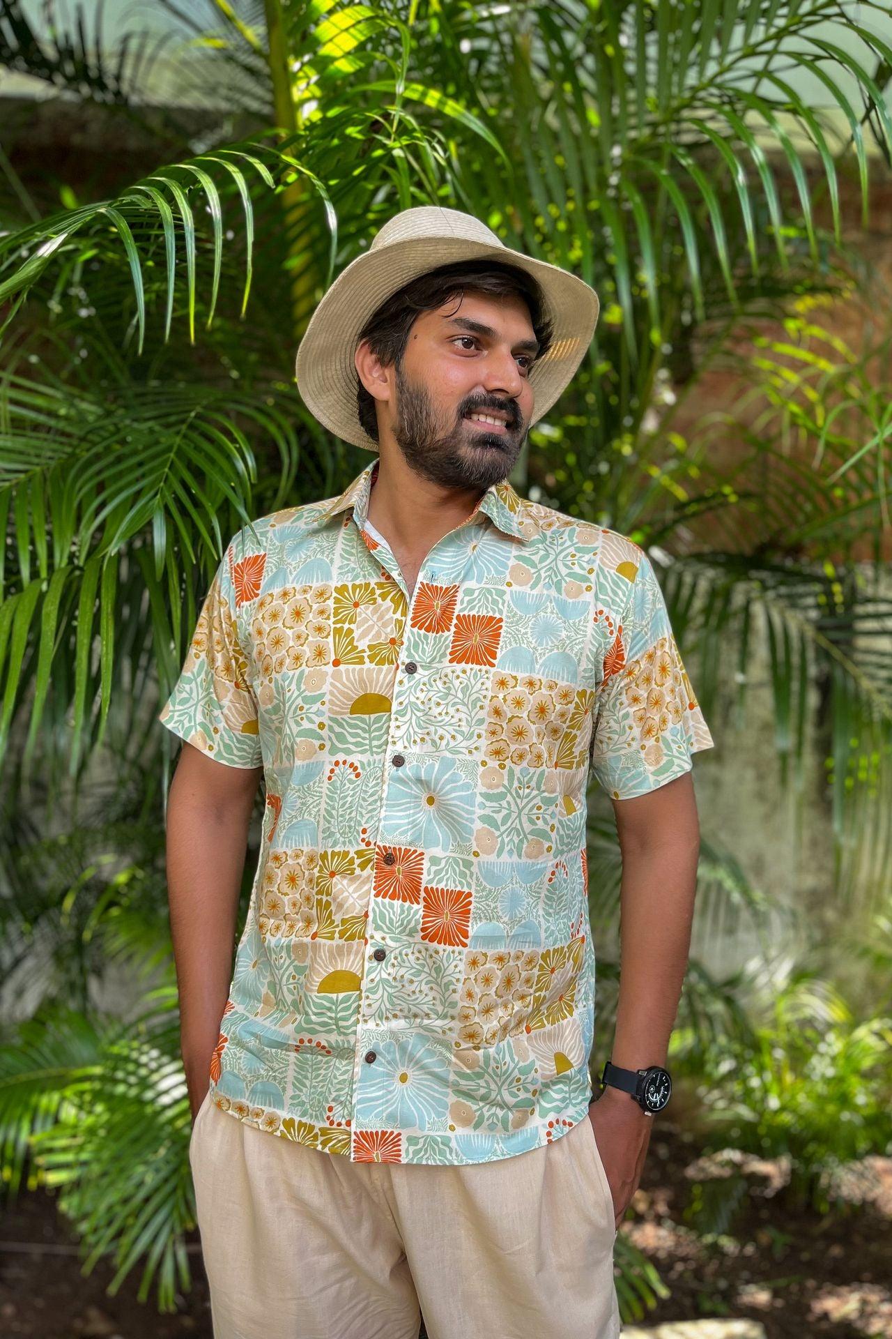 Pastel organic cotton printed vintage style men's shirt