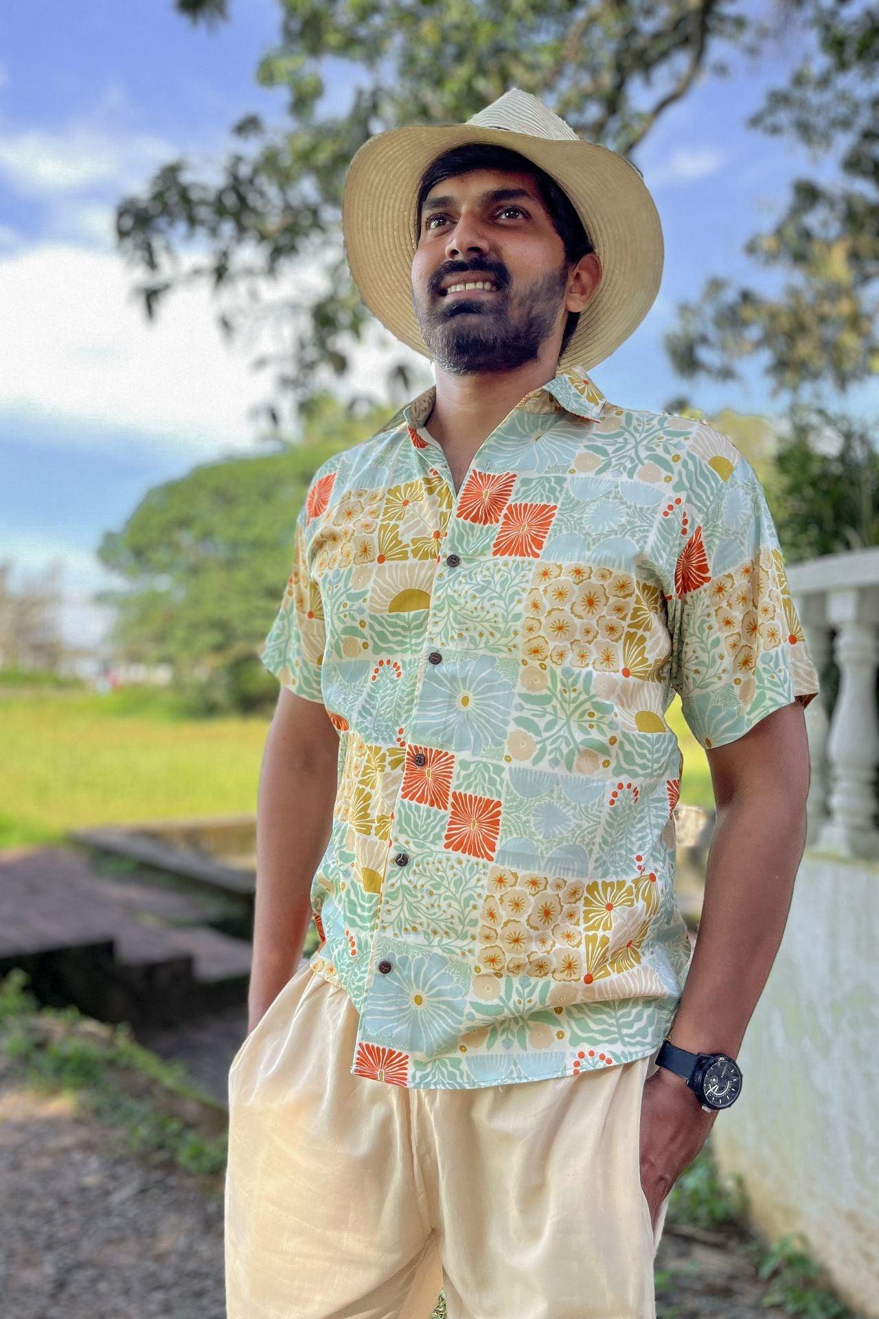 Pastel retro vacation wear half sleeves organic cotton shirt for men