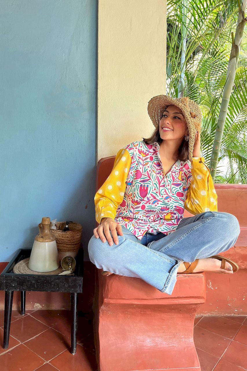 Pink and yellow printed cotton shirt for women in Goa