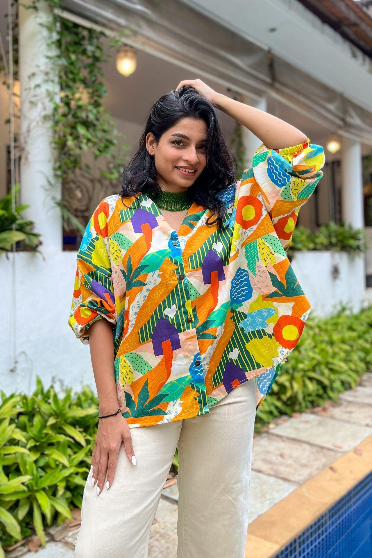 Quirky Beach Hut Print Organic Cotton Shirt for women from Goa