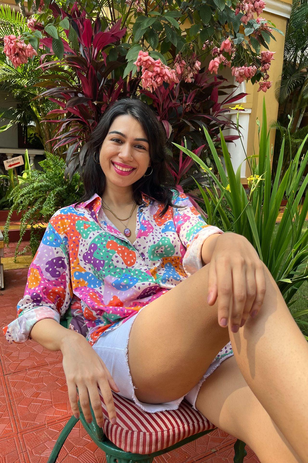 Quirky multicolour splashes of colour print organic cotton shirt for women 