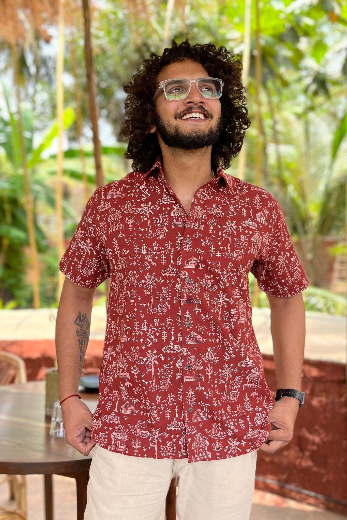 Warli Art Goa village print cotton shirt for men by Siesta o'Clock