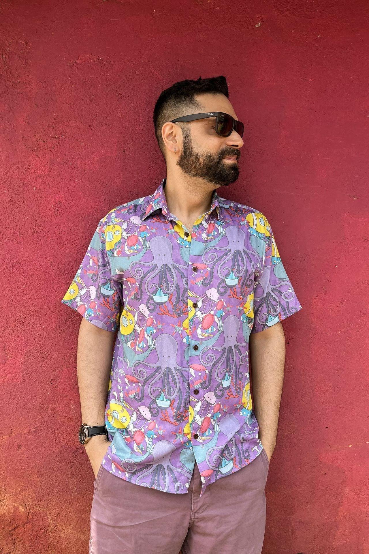 Men's sea print half sleeve cotton shirt | Siesta o'Clock 46/XXL