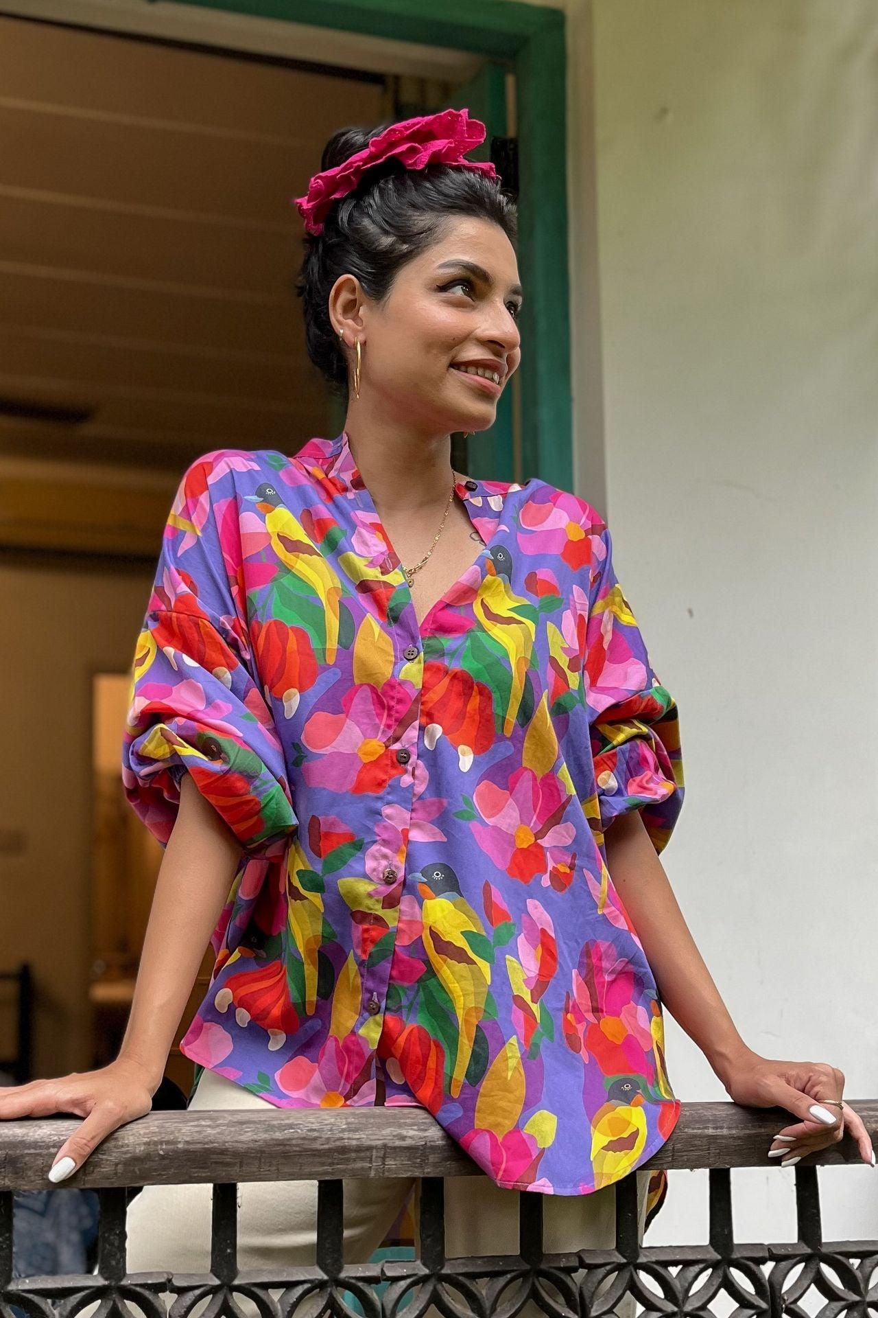 Siesta o'Clock Women's One Size Oversized Goa motif Organic Cotton Shirt