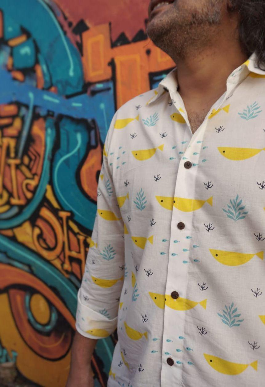 Siolim Fish Print full sleeves cotton printed shirt for men