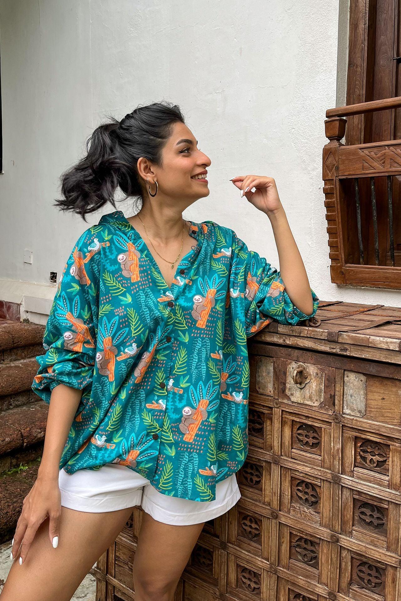 Summer fling green freesize cotton shirt for women online at Siesta o'Clock Goa