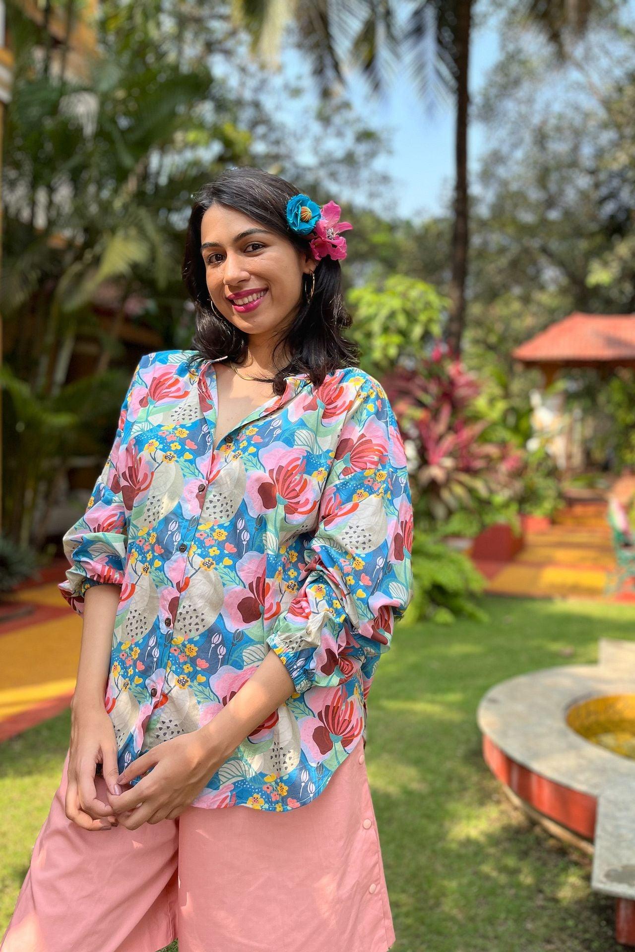 Vacation style floral printed soft cotton shirt from Goa online at Siesta o'Clock