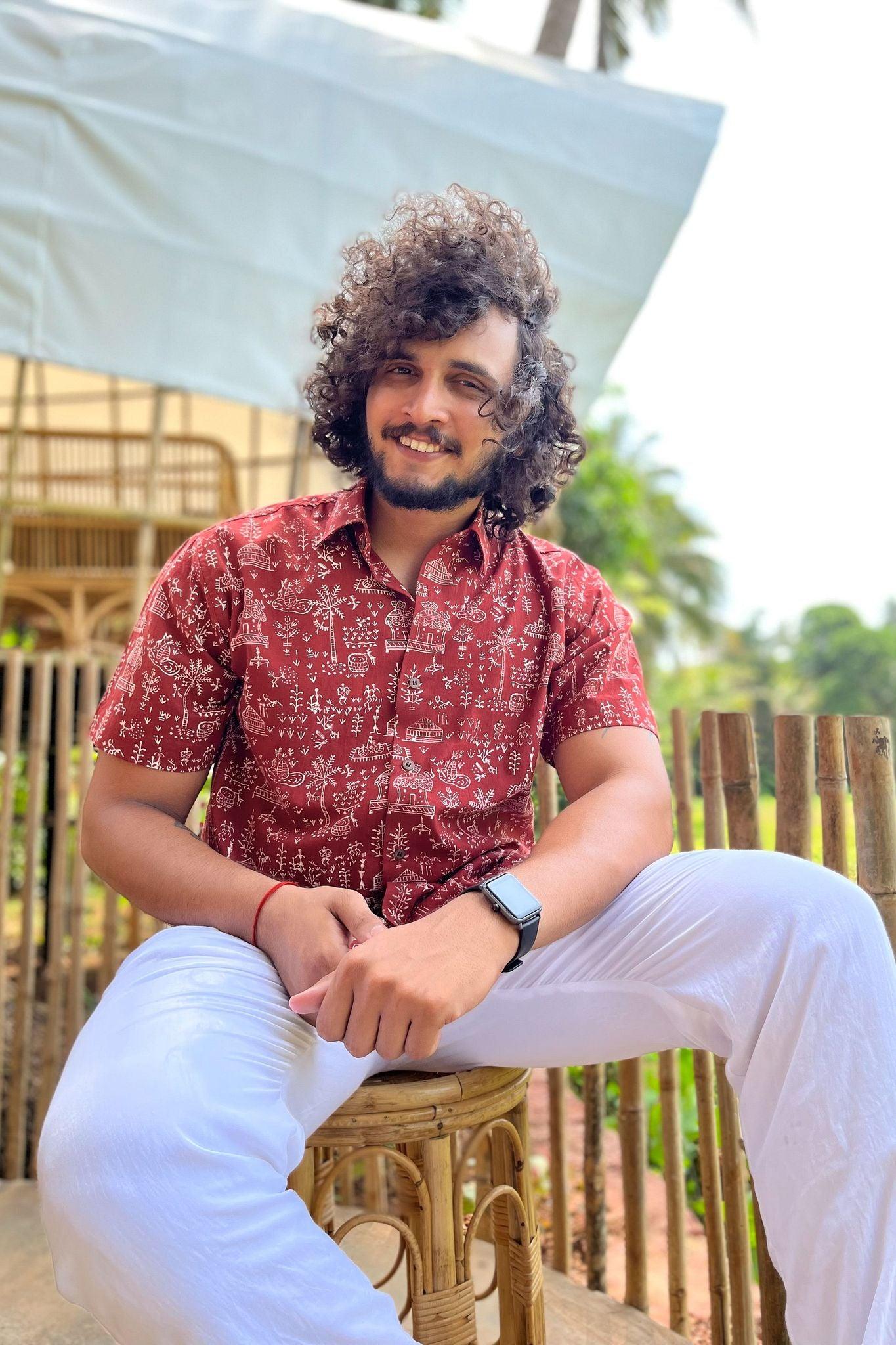 Red Warli Art Block Print cotton shirt for men online by Siesta o'Clock