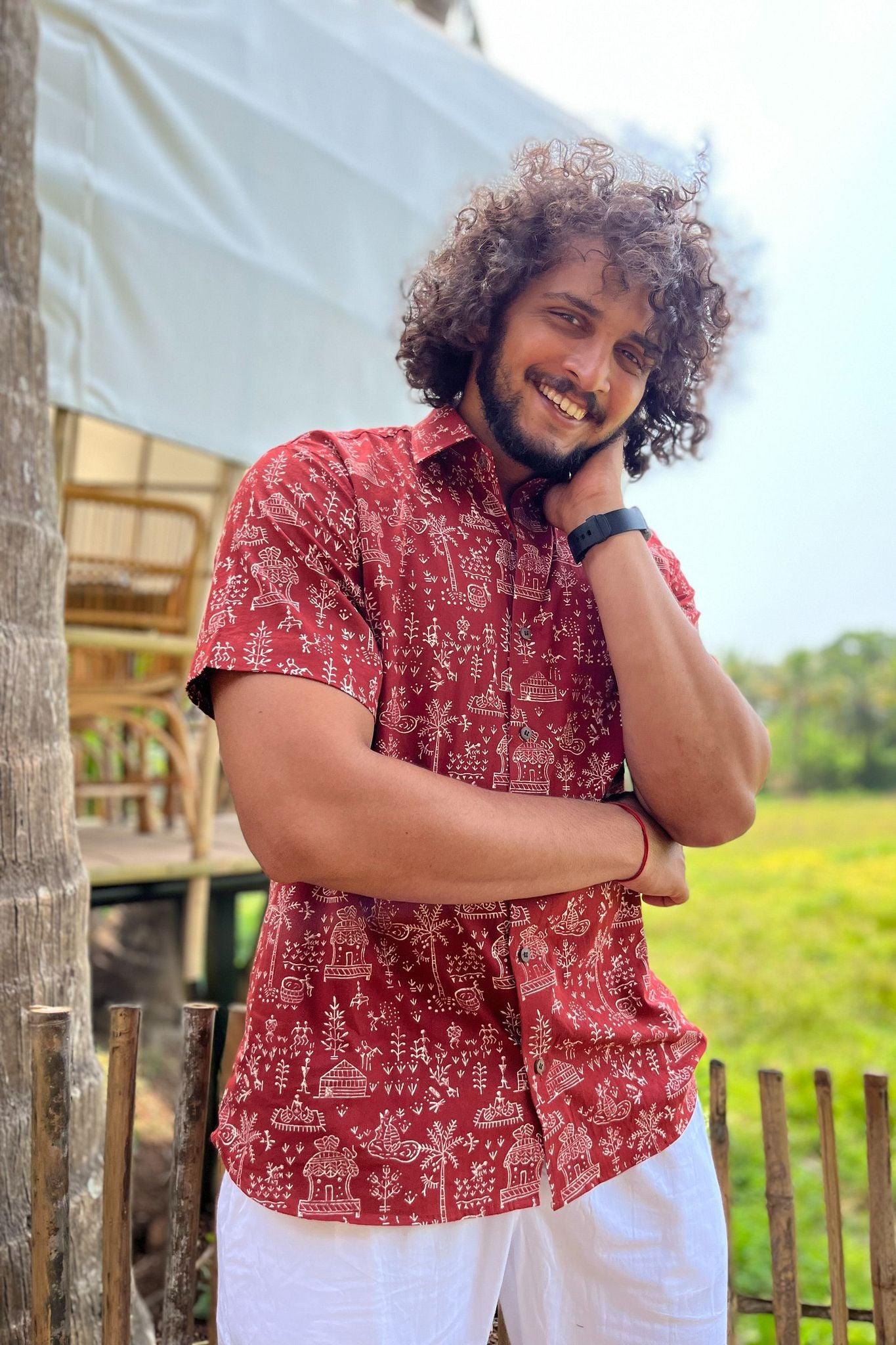 Dark red block print cotton shirt for men by Siesta o'Clock Goa