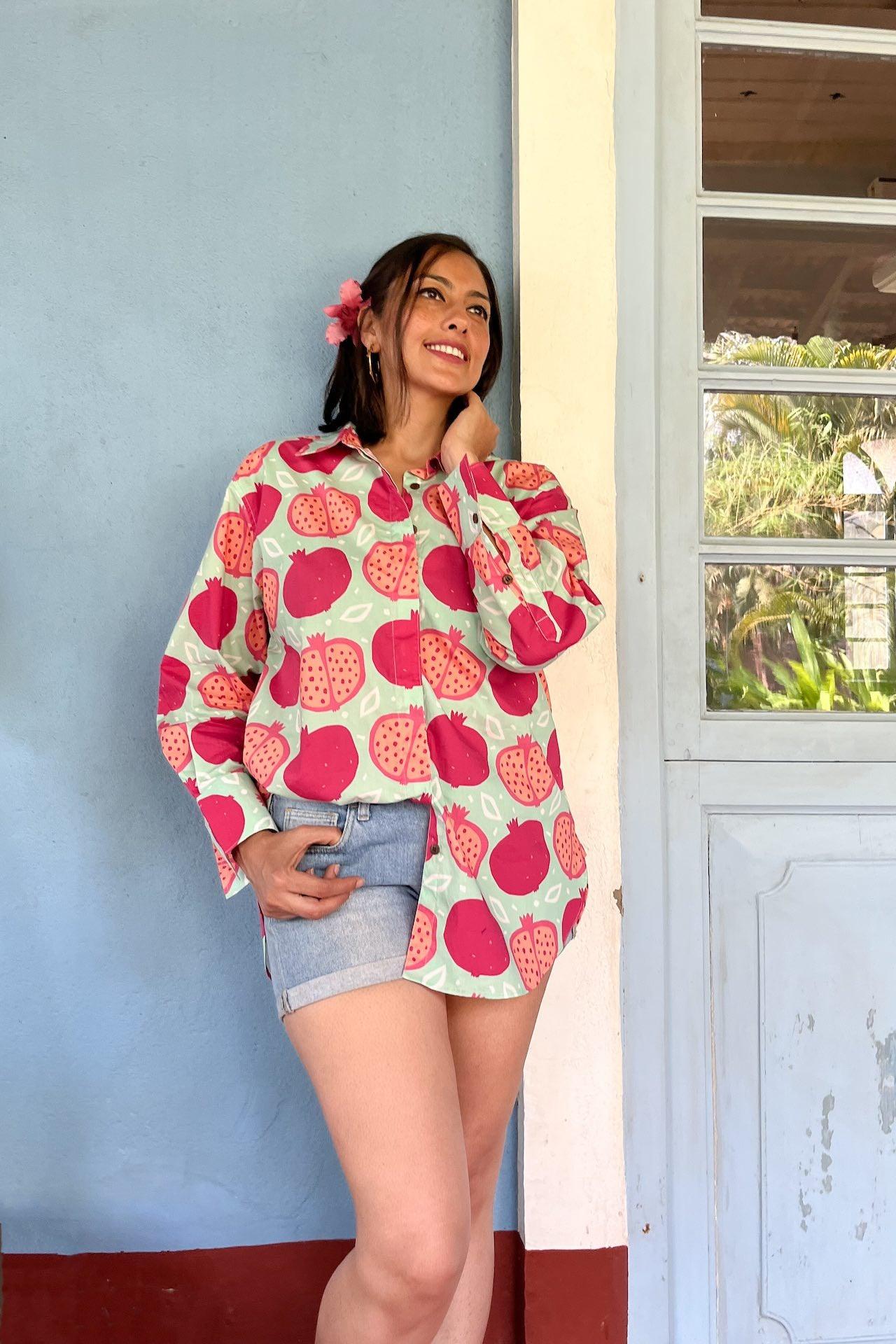 Women's oversized cotton shirt with a pink pomegranate print