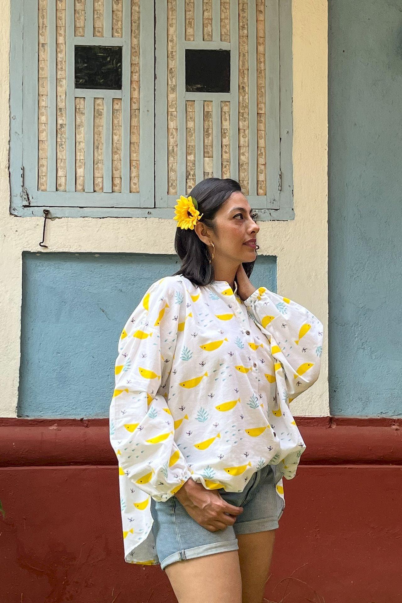Yellow fish print free-size shirt for women by Siesta o'Clock